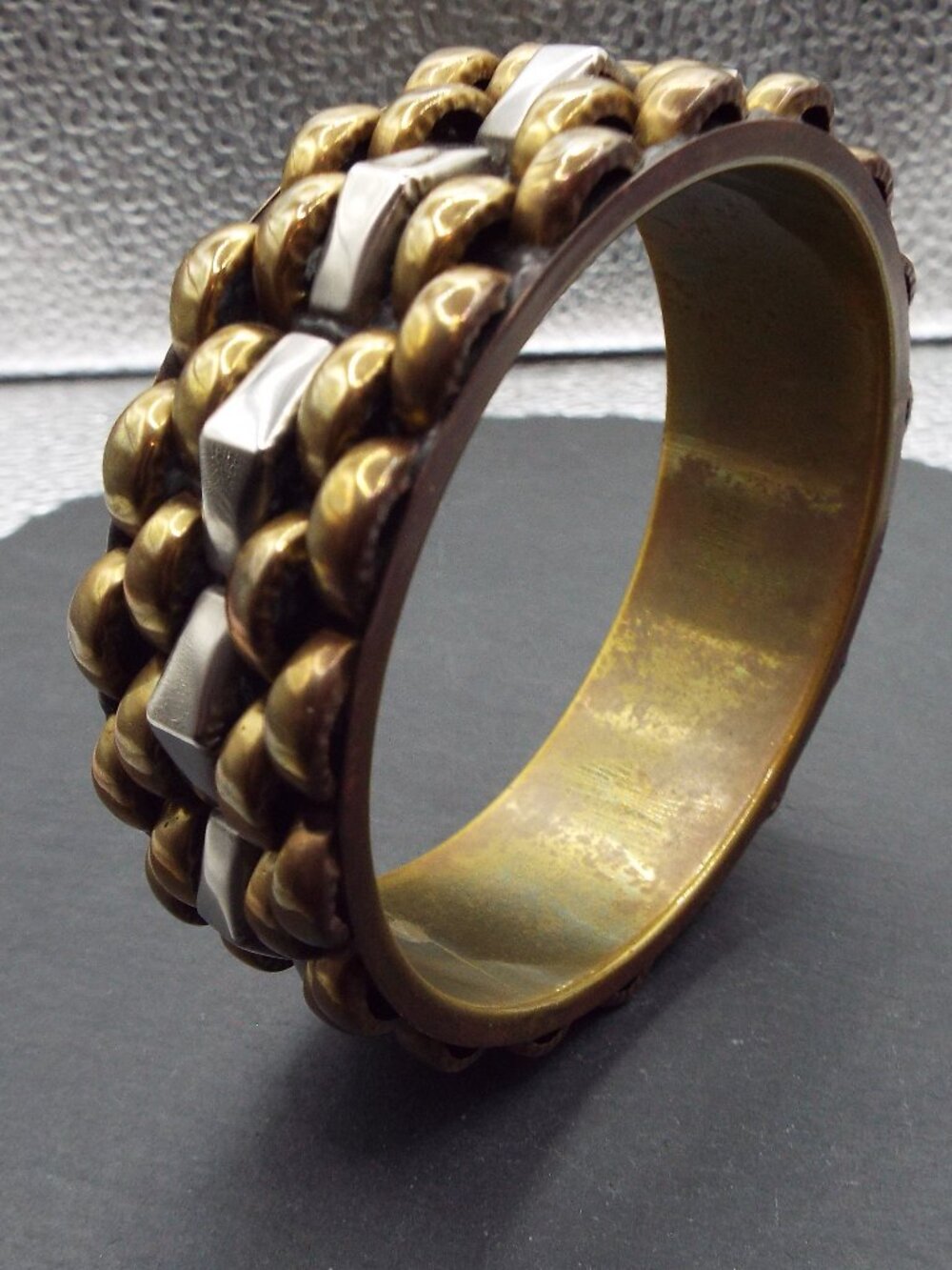 BRASS, SILVER & COPPER TRITONE METAL "TIRE TREAD" 3-D BANGLE BRACELET 73